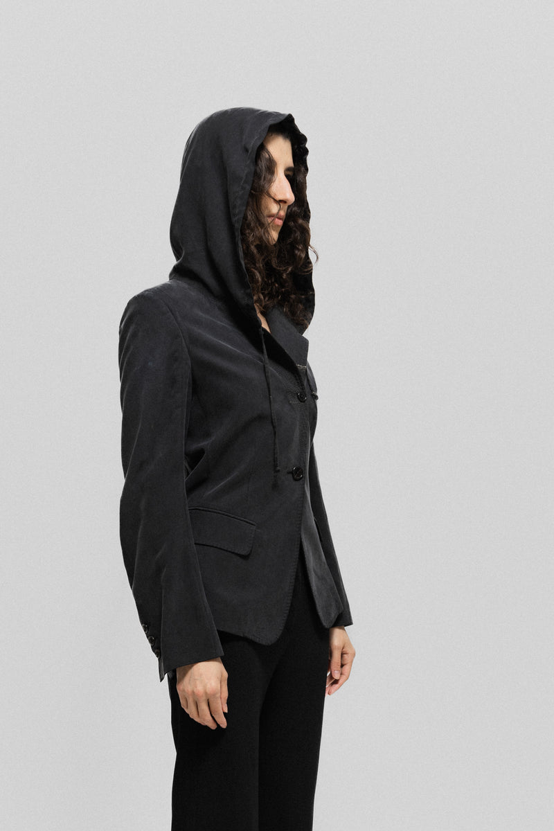 ANN DEMEULEMEESTER - SS11 Hooded silky jacket with lining pattern