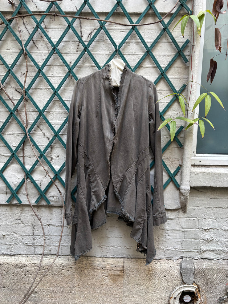 (New Arrival) RICK OWENS DRKSHDW - 2007 Washed denim jacket with long sides, rounded panels and raw cut edges