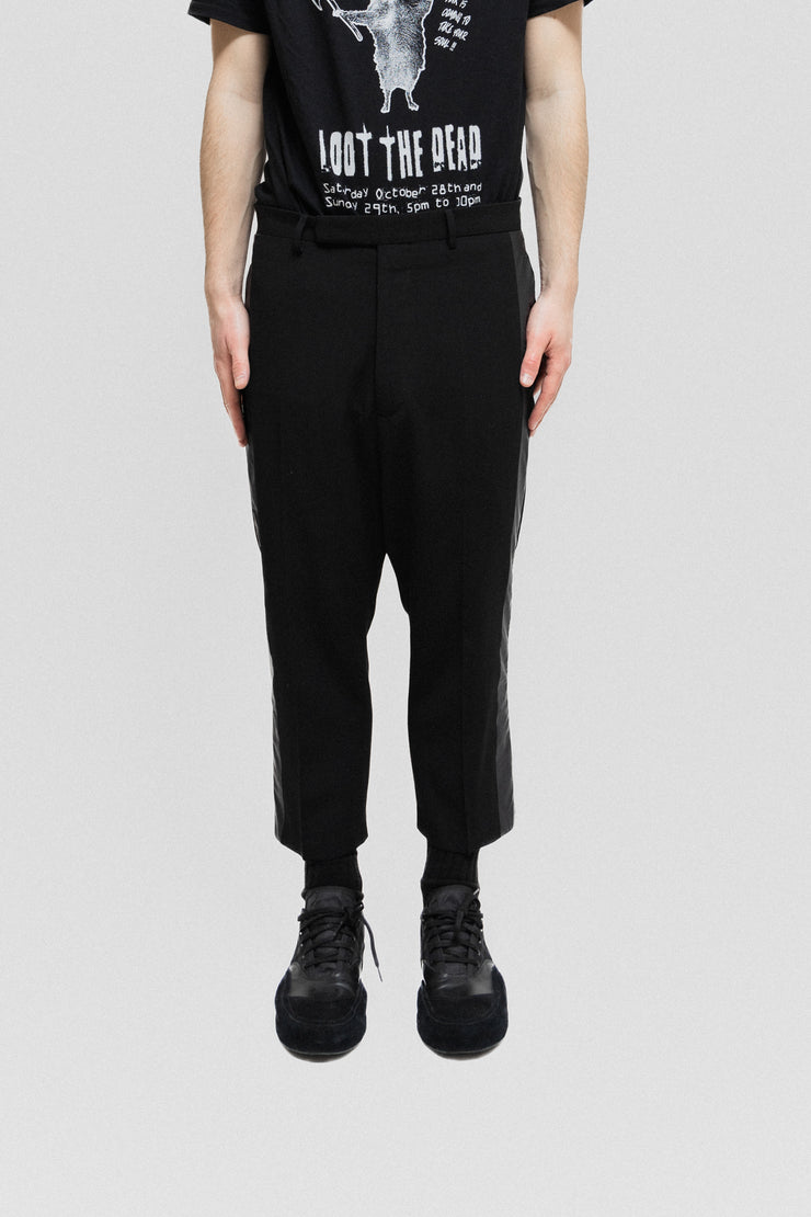 RICK OWENS - FW18 "SISYPHUS" Low crotch wool pants with nylon side stripes
