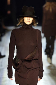 ANN DEMEULEMEESTER - FW03 Brown leather skirt with adjustable strap