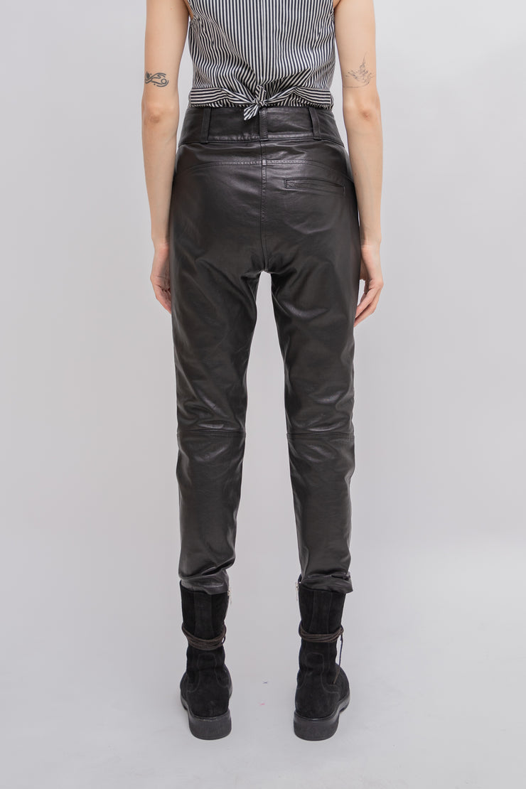 ANN DEMEULEMEESTER - Leather pants with reinforced knees and side buttoning (early 00&