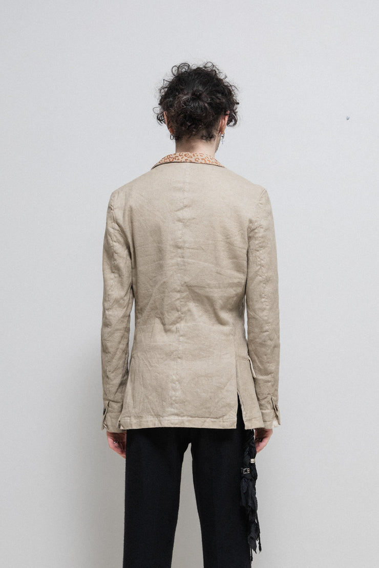 ISAMU KATAYAMA BACKLASH - Linen blend jacket with pig skin leopard collar and poem lining