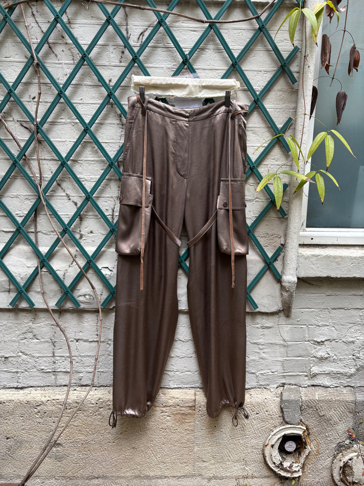 (New Arrival) ANN DEMEULEMEESTER - FW02 Wide satin pants with cargo pockets and adjustable straps (runway)