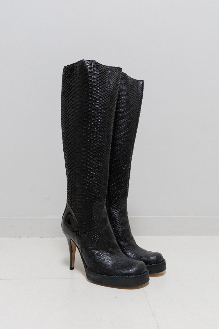 RICK OWENS x REVILLON - FW04 Python skin and ostrich leather knee high boots