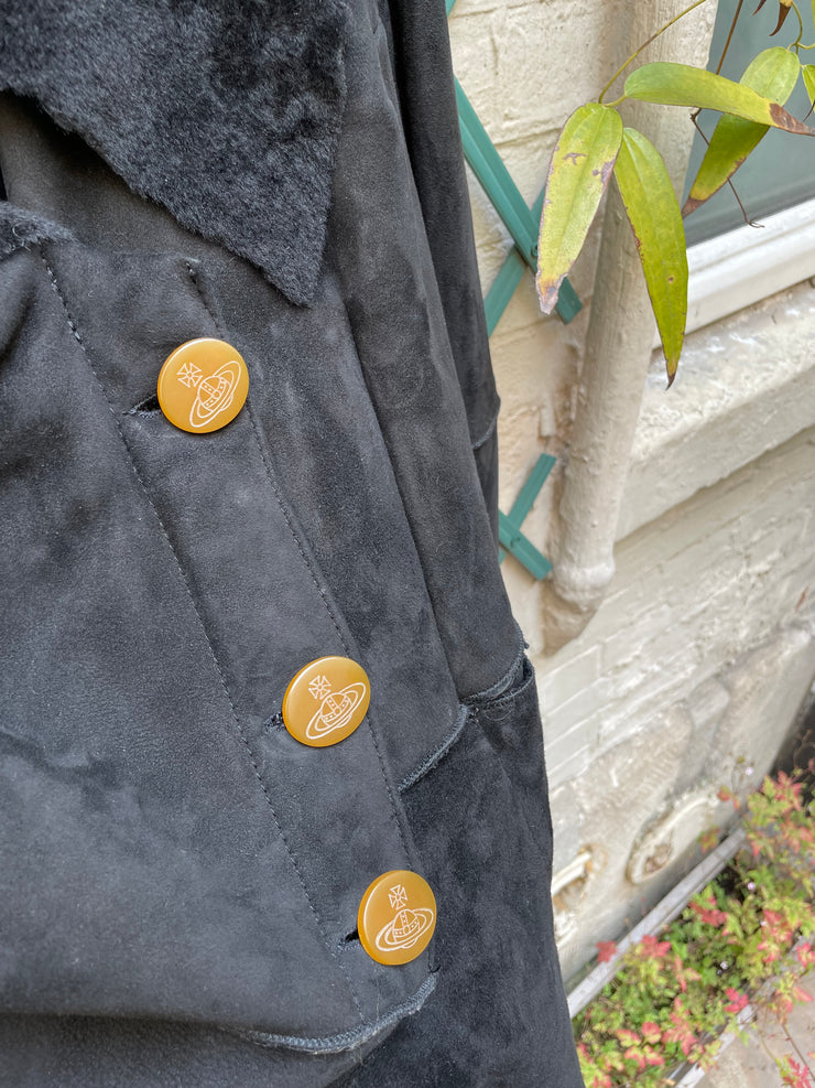 (New Arrival) VIVIENNE WESTWOOD RED LABEL - FW02 Asymmetric leather shearling jacket with orb buttons