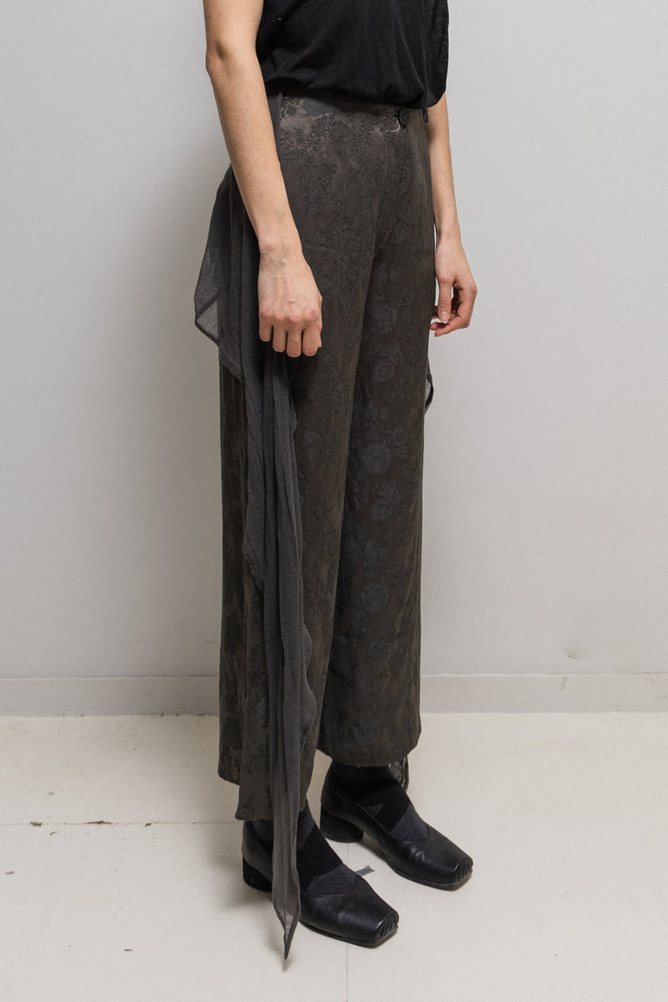 ANN DEMEULEMEESTER - 1994 Satin cotton wide pants with floral pattern and sheer waist panel