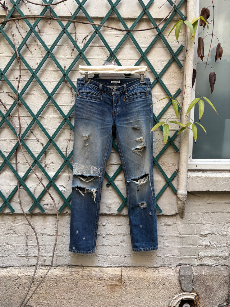 (New Arrival) UNDERCOVER - FW04 « But Beautiful » Ripped jeans with lace print detail (runway)