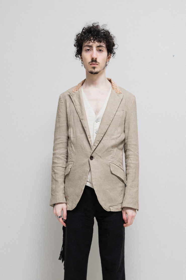 ISAMU KATAYAMA BACKLASH - Linen blend jacket with pig skin leopard collar and poem lining