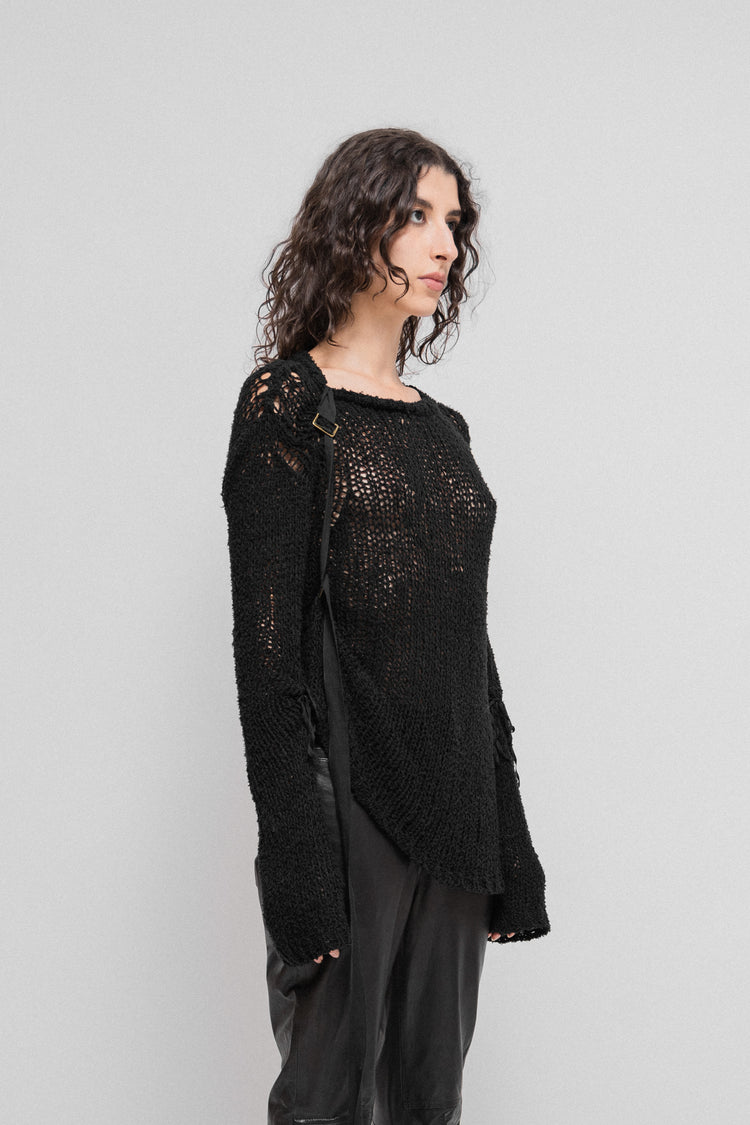 ANN DEMEULEMEESTER - SS03 Cotton net sweater with distressing and