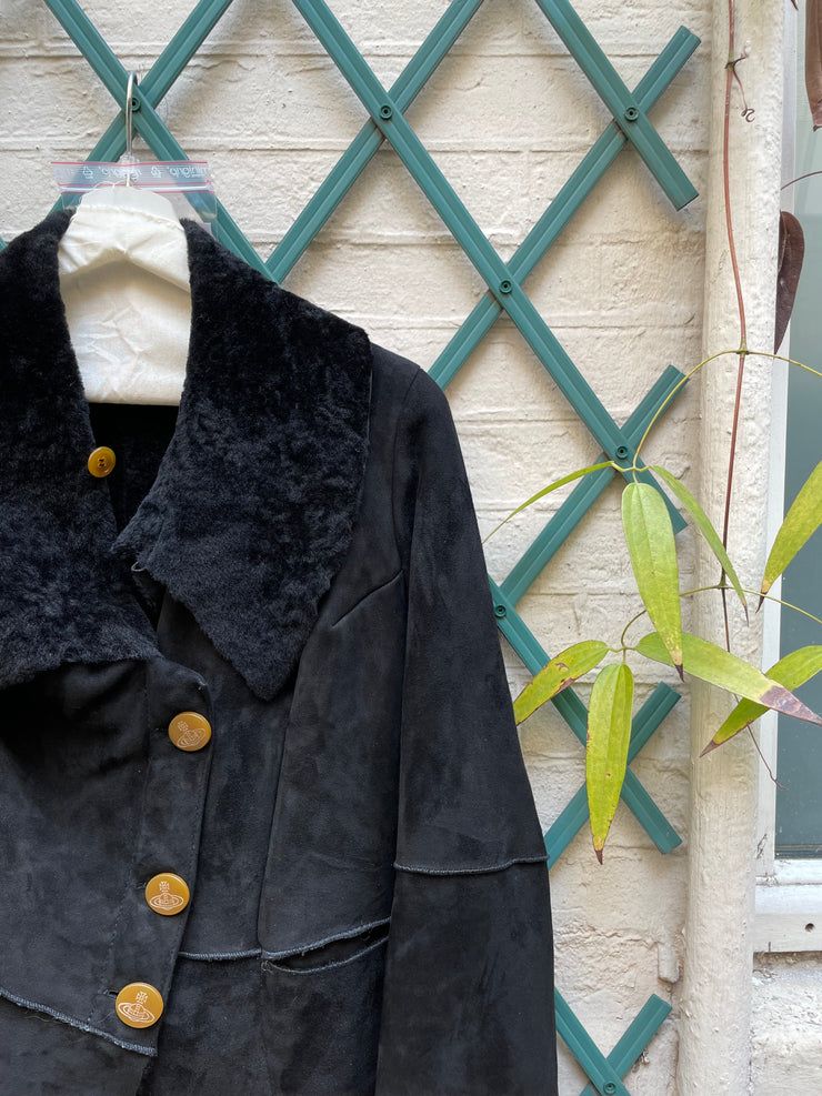 (New Arrival) VIVIENNE WESTWOOD RED LABEL - FW02 Asymmetric leather shearling jacket with orb buttons