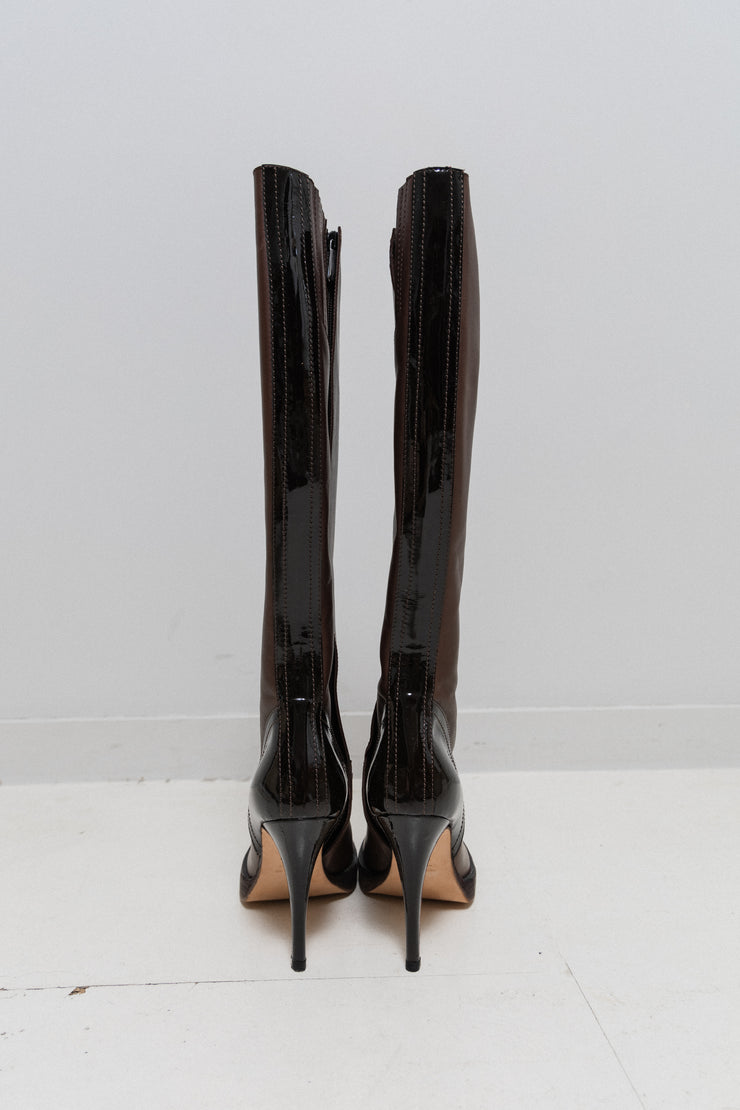 RICK OWENS x REVILLON - Knee high brown leather boots with patent details