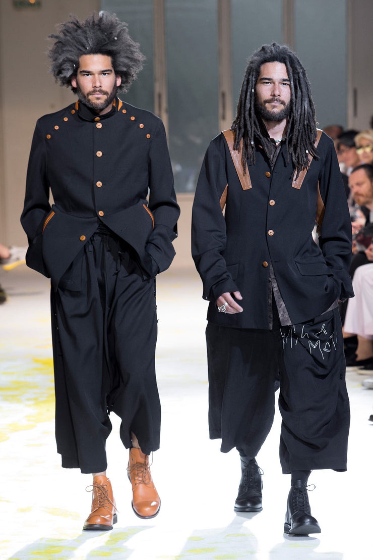 YOHJI YAMAMOTO POUR HOMME - SS15 Linen blend wide pants with buttoned side panel and embroidery details (runway)