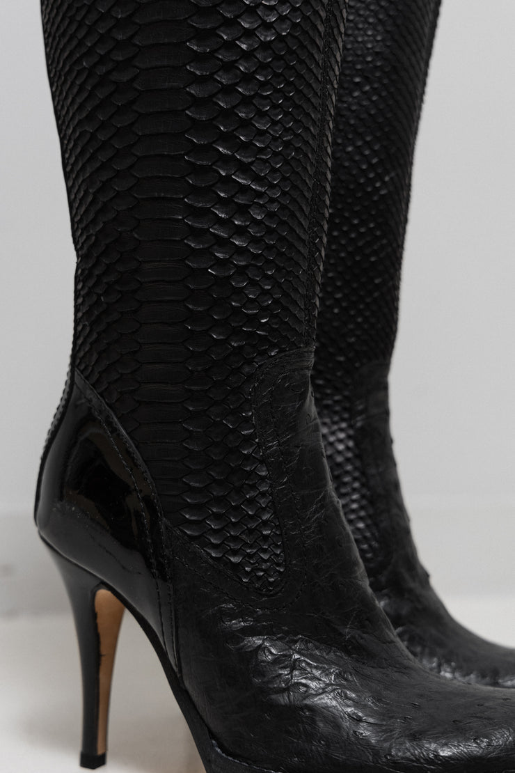 RICK OWENS x REVILLON - FW04 Python skin and ostrich leather knee high boots