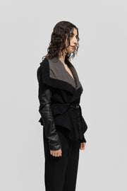 RICK OWENS - FW07 "EXPLODER" Wool jacket with giant lapels, leather sleeves and waist straps