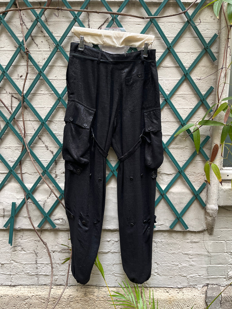 (Pre Sale) ANN DEMEULEMEESTER - FW02 Wide pants with metallic threads, parachute pockets + straps and leather lacing (runway)