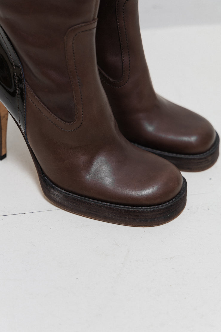 RICK OWENS x REVILLON - Knee high brown leather boots with patent details