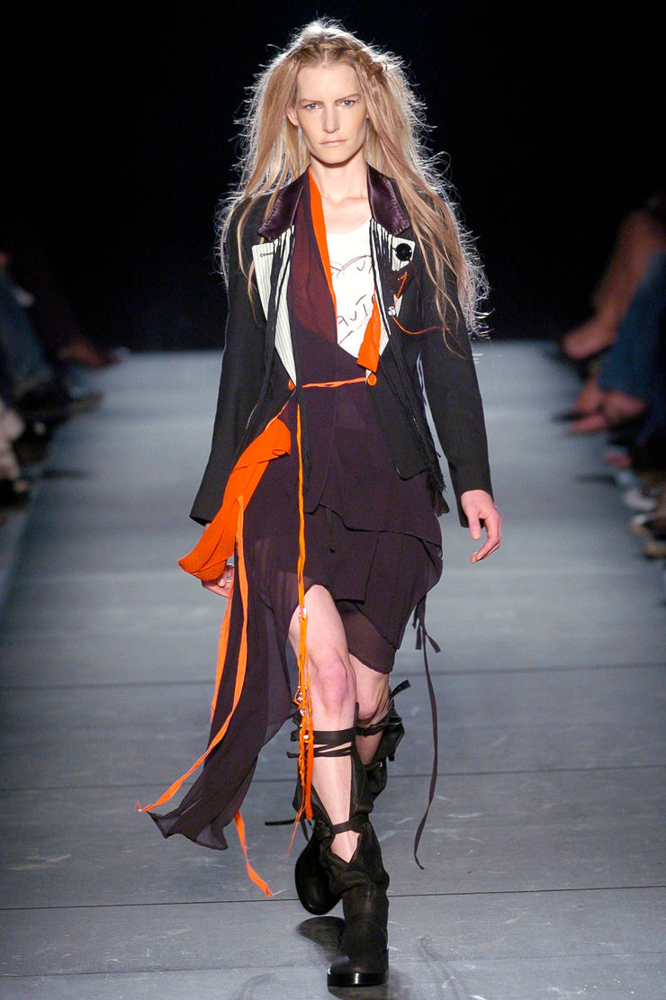 (New Arrival) ANN DEMEULEMEESTER - SS05 Cotton blend jacket with striped lapels and fringes (runway)