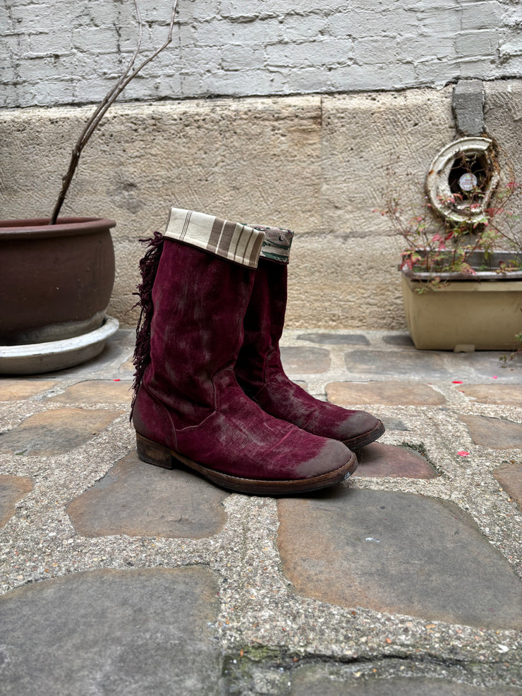 (New Arrival) UNDERCOVER - FW04 « But Beautiful » High aged velvet boots with fringes and unmatching lining (runway)