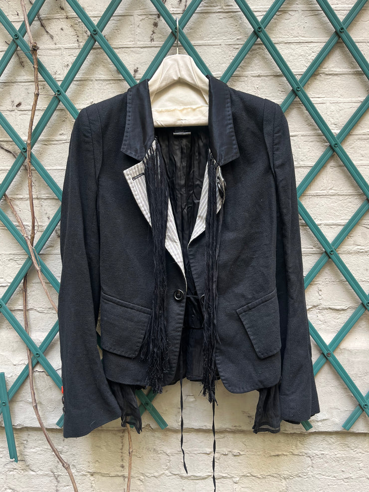 (New Arrival) ANN DEMEULEMEESTER - SS05 Cotton blend jacket with striped lapels and fringes (runway)