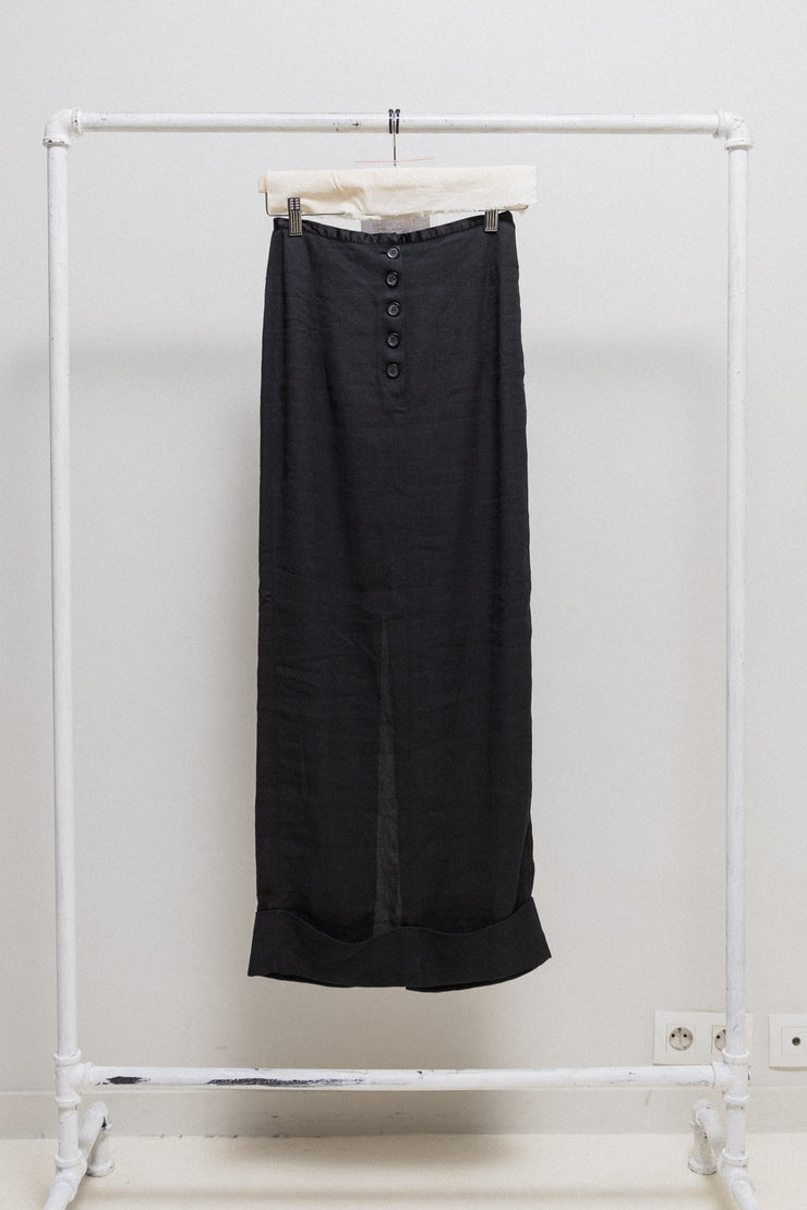 ANN DEMEULEMEESTER - Linen/cotton long skirt with button closure, back zipper slit and folded hem (probably spring 1996)