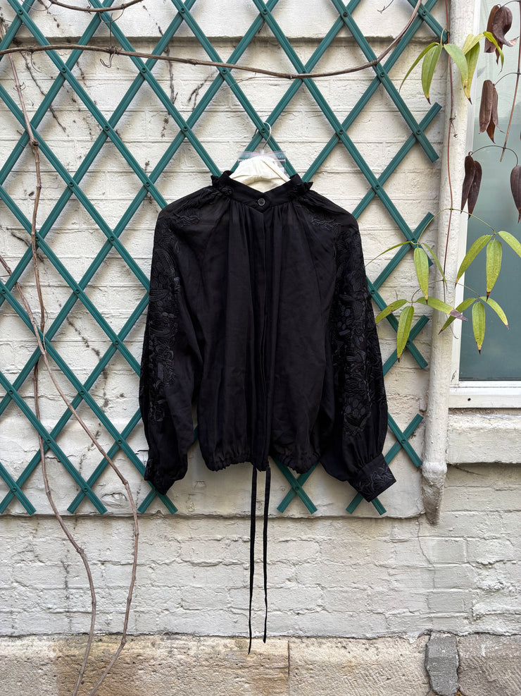 (New Arrival) ANN DEMEULEMEESTER - Cotton + cashmere blouse with embroidered bell sleeves