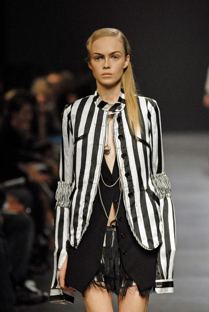 ANN DEMEULEMEESTER - SS08 100% silk striped jacket with standing collar (runway)