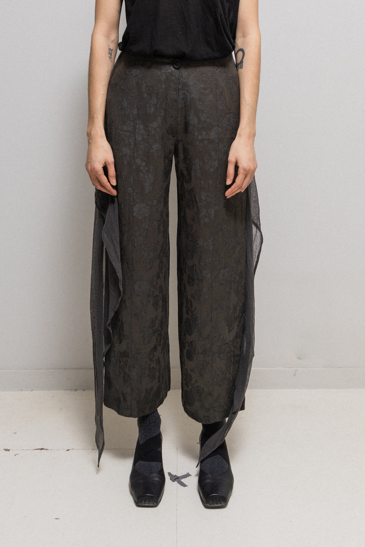 ANN DEMEULEMEESTER - 1994 Satin cotton wide pants with floral pattern and sheer waist panel