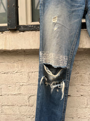 (New Arrival) UNDERCOVER - FW04 « But Beautiful » Ripped jeans with lace print (runway)