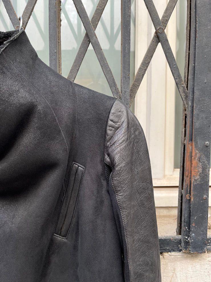 (New Arrival) RICK OWENS - FW10 "GLEAM" Lamb leather long jacket with matching fleece and textured sleeves