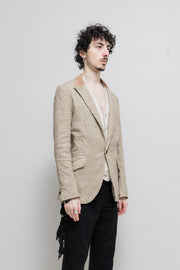 ISAMU KATAYAMA BACKLASH - Linen blend jacket with pig skin leopard collar and poem lining