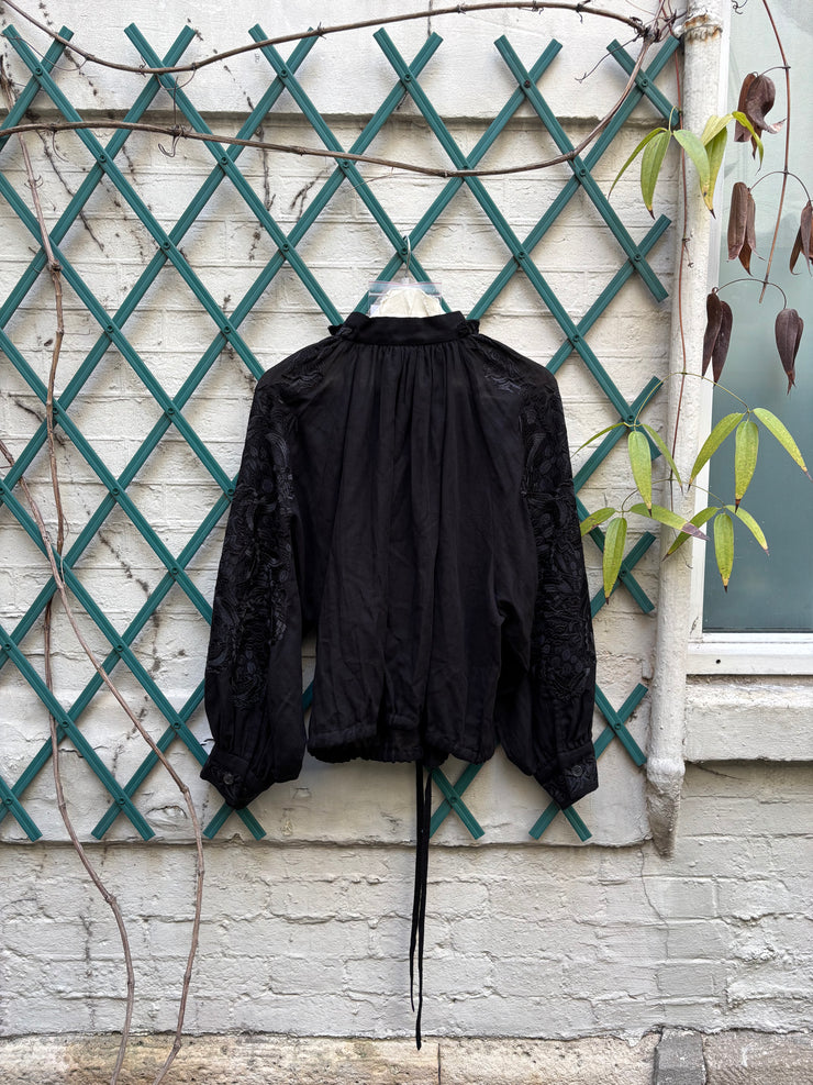 (New Arrival) ANN DEMEULEMEESTER - Cotton + cashmere blouse with embroidered bell sleeves