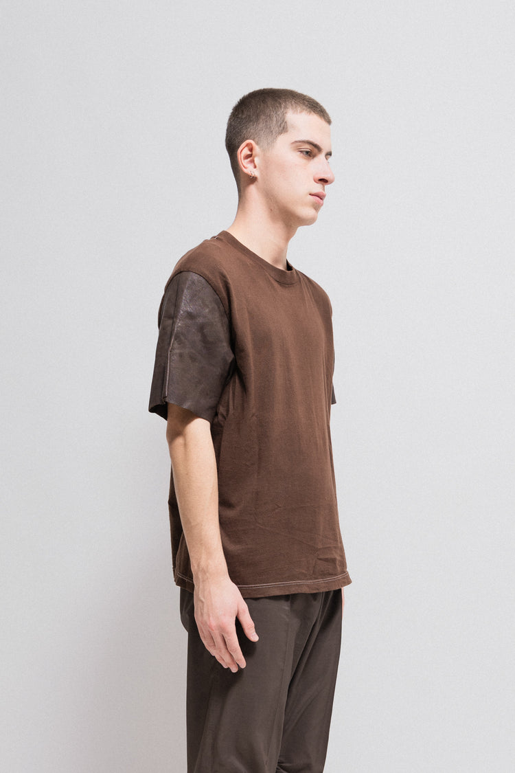 MARTIN MARGIELA - 2004 Artisanal brown cotton t shirt with leather