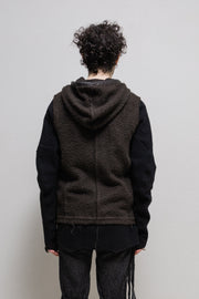 ISAMU KATAYAMA BACKLASH - Sleeveless fleece hoodie with leather details and double zipper