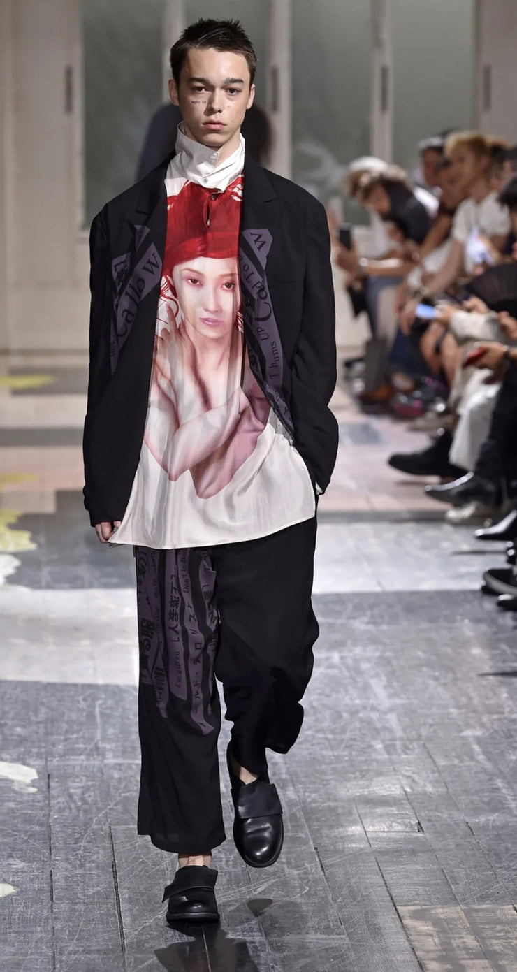 (New Arrival) YOHJI YAMAMOTO POUR HOMME - SS18 Wide rayon pants with text and stripe details (runway)