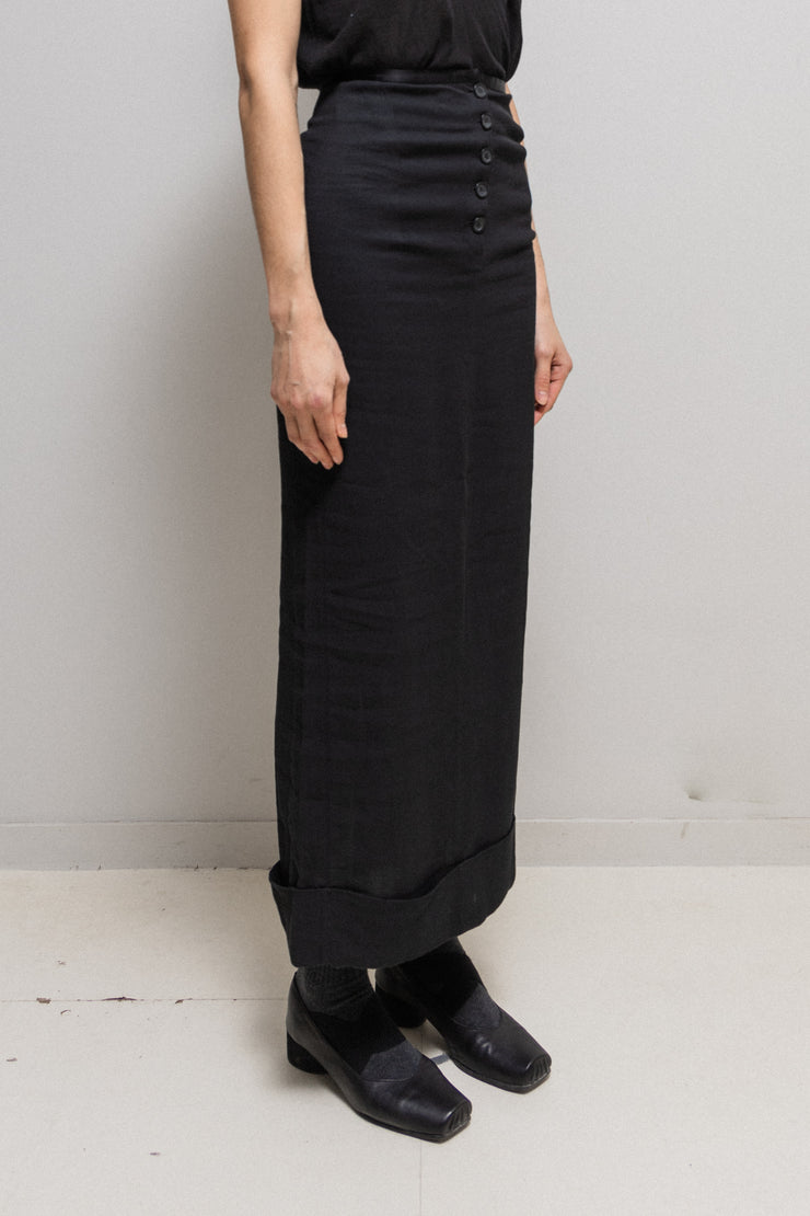 ANN DEMEULEMEESTER - Linen/cotton long skirt with button closure, back zipper slit and folded hem (probably spring 1996)