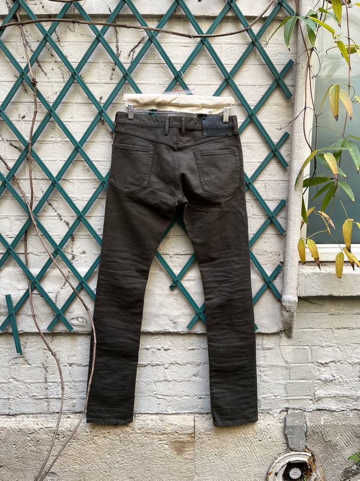 (New Arrival) ISAMU KATAYAMA BACKLASH - Crashed denim pants with leather details