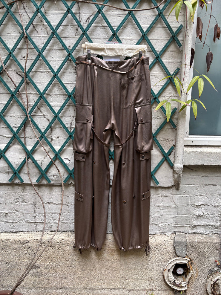 (New Arrival) ANN DEMEULEMEESTER - FW02 Wide satin pants with cargo pockets and adjustable straps (runway)