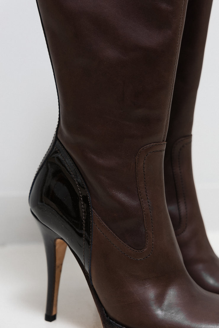 RICK OWENS x REVILLON - Knee high brown leather boots with patent details