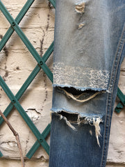 (New Arrival) UNDERCOVER - FW04 « But Beautiful » Ripped jeans with lace print detail (runway)