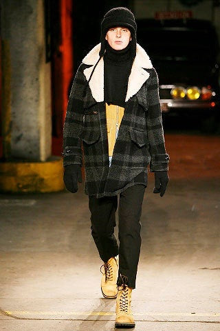 NUMBER NINE - FW08 Shearling plaid coat with leather elbow patches (runway)