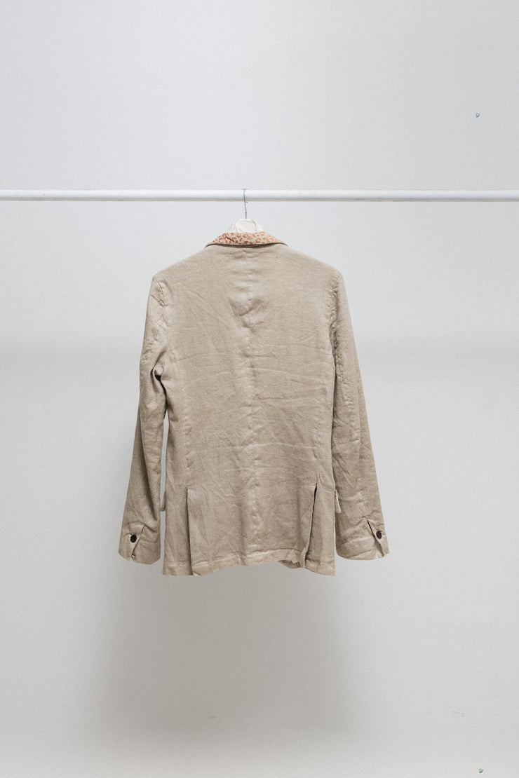 ISAMU KATAYAMA BACKLASH - Linen blend jacket with pig skin leopard collar and poem lining