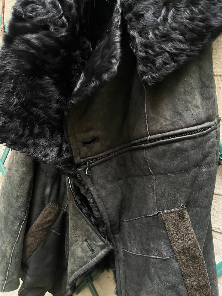 (Pre Sale) ANN DEMEULEMEESTER - 2010’s Leather and fur reversible jacket with zipper panels and belt