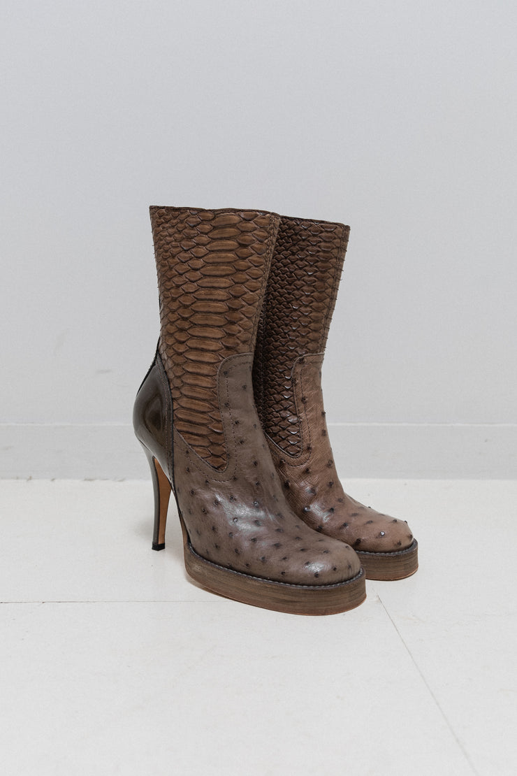 RICK OWENS x REVILLON - FW04 Python skin and ostrich leather ankle boots