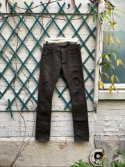 (New Arrival) ISAMU KATAYAMA BACKLASH - Crashed denim pants with leather details