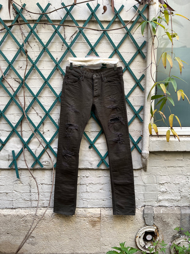 (New Arrival) ISAMU KATAYAMA BACKLASH - Crashed denim pants with leather details