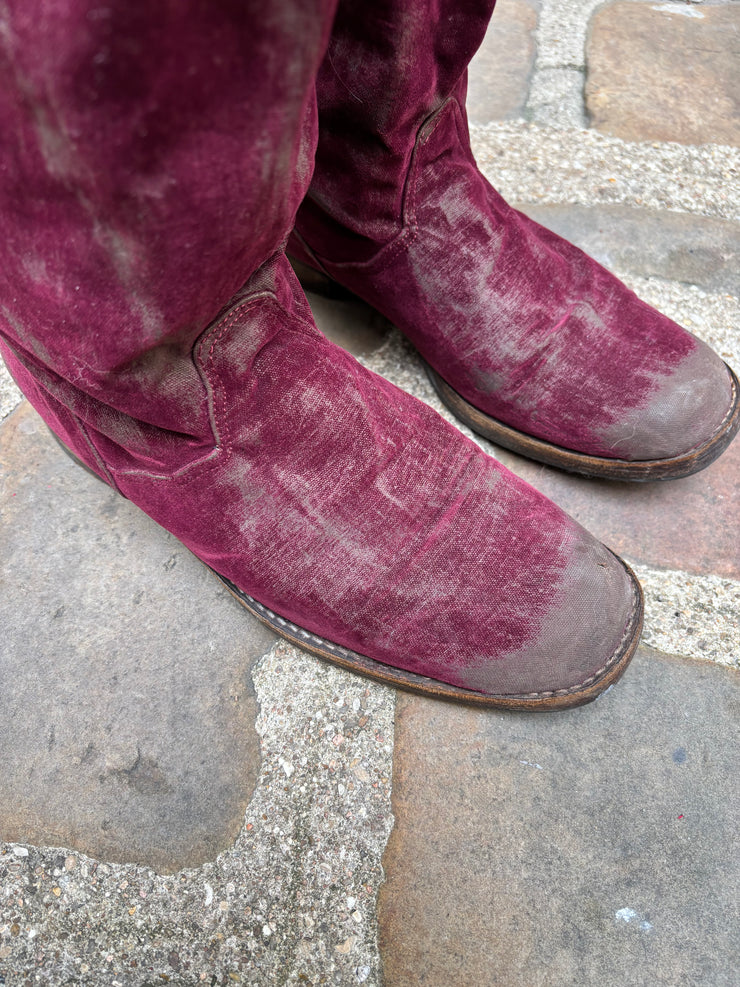 (New Arrival) UNDERCOVER - FW04 « But Beautiful » High aged velvet boots with fringes and unmatching lining (runway)