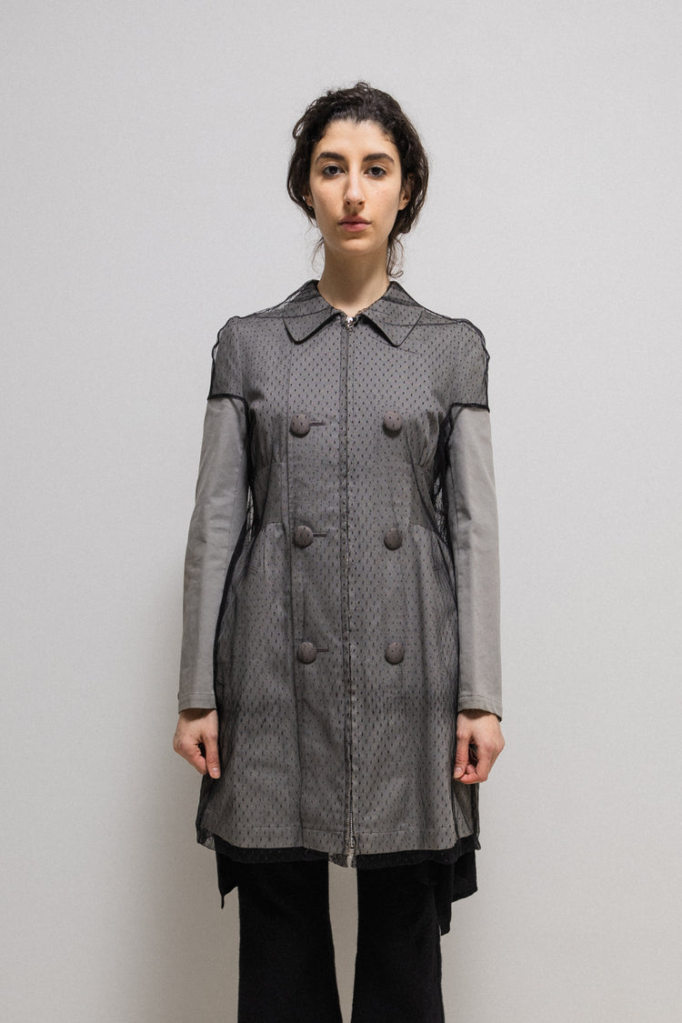 ◆ojos◆ Layered Sheer Blouson Charcoal 25SS-OT02-CC Textured Silk Weave Shawl Collar Jacket | EILEEN FISHER