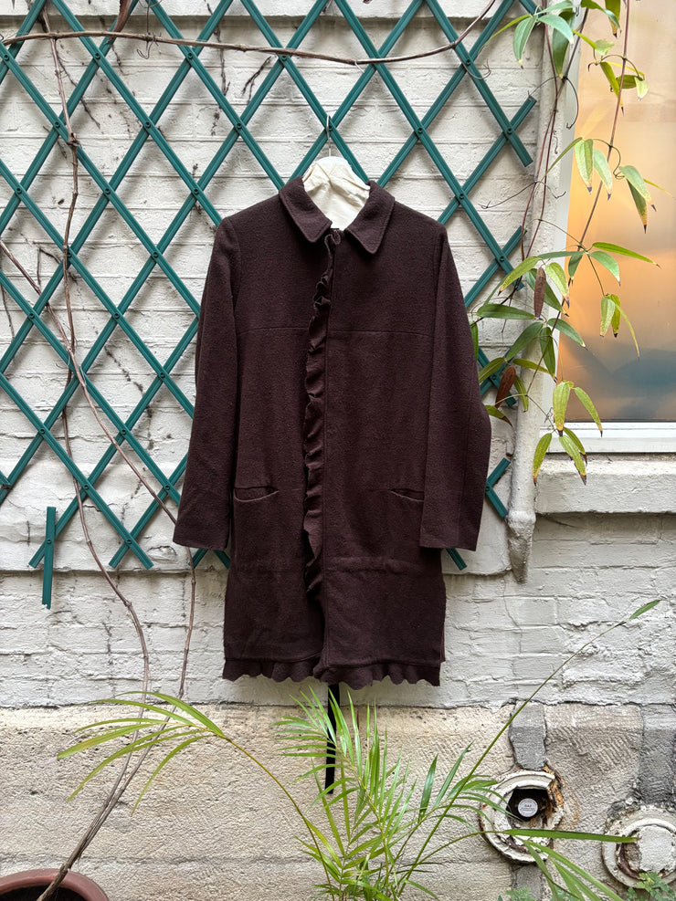 (Pre Sale) UNDERCOVER - FW02 “Witch’s cell division” Burgundy wool coat with frilled closure and back straps