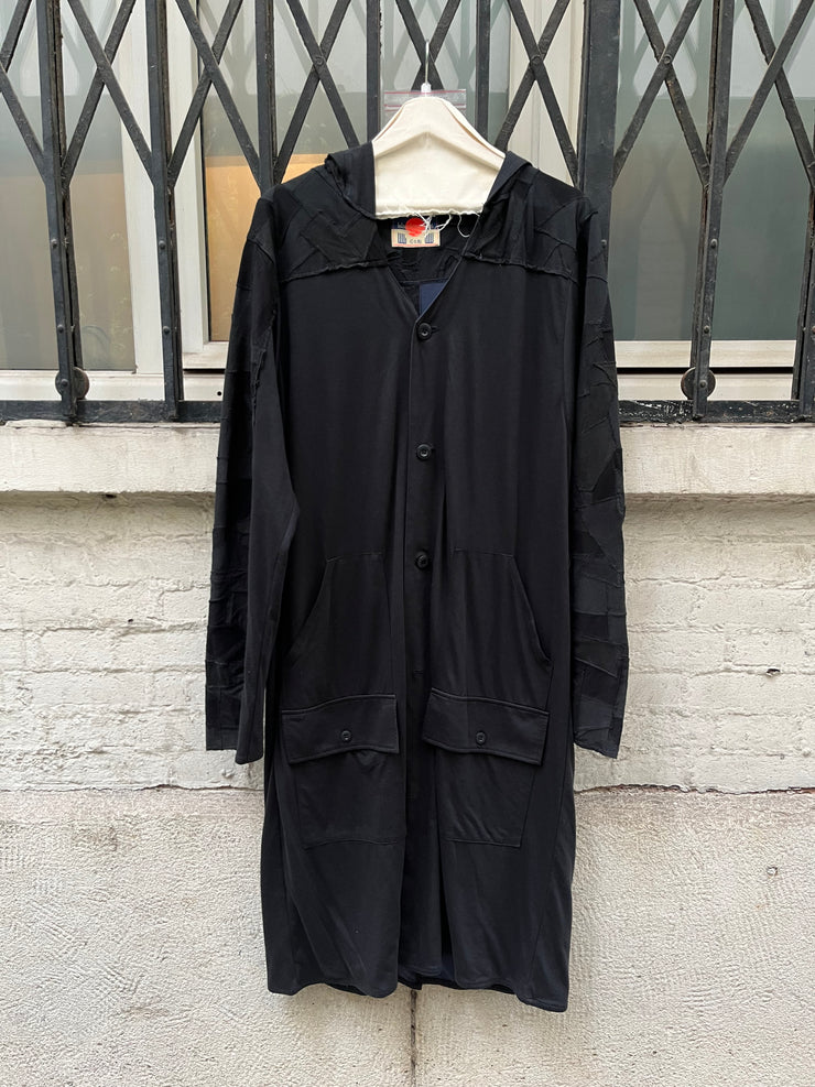(New Arrival) BLACKMEANS - Extra long cotton jacket with patchwork sleeves and hood