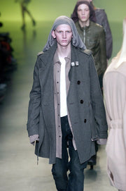 RICK OWENS - FW04 "QUEEN" Angora wool double breasted military coat with oversized buttons and metallic belt (runway)